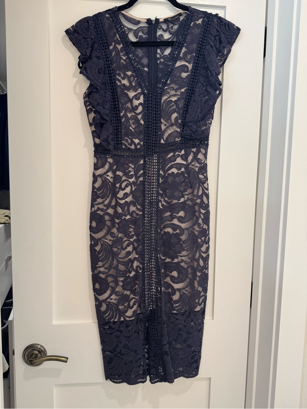 Dark Navy Front Slit Lace Midi Dress